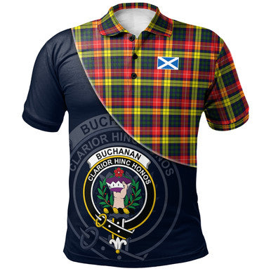 Scottish Buchanan Modern Clan Crest Tartan Polo Shirt - Bend Style Front Side Tartan Plaid
