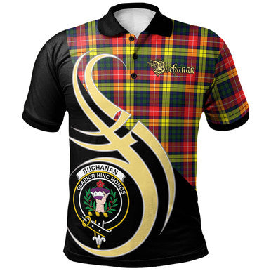 Scottish Buchanan Modern Clan Crest Tartan Polo Shirt Believe in Me Front Side Tartan Plaid