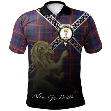 Scottish Chisholm Hunting Modern Clan Crest Tartan Polo Shirt - Celtic with Scotland Lion Front Side Tartan Plaid