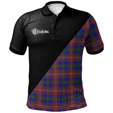 Scottish Chisholm Hunting Modern Clan Crest Tartan Polo Shirt - Military Logo Front Side Tartan Plaid