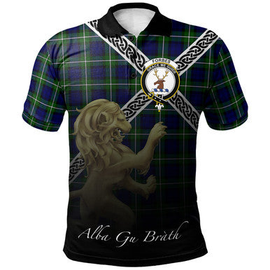 Scottish Forbes Modern Clan Crest Tartan Polo Shirt - Celtic with Scotland Lion Front Side Tartan Plaid