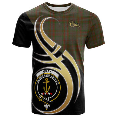 Scottish Gray Clan Crest Tartan T-Shirt Believe in Me Front Side Tartan Plaid