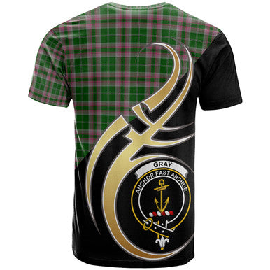 Scottish Gray Hunting Clan Crest Tartan T-Shirt Believe in Me Back Side Tartan Plaid