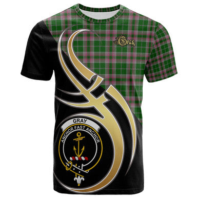Scottish Gray Hunting Clan Crest Tartan T-Shirt Believe in Me Front Side Tartan Plaid