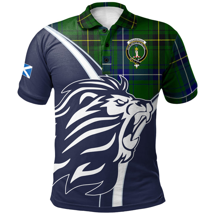 Scottish Henderson Clan Crest Tartan Polo Shirt - Scottish Flag With Lion Front Side Tartan Plaid