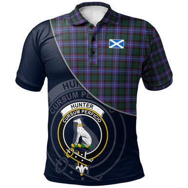 Scottish Hunter Modern Clan Crest Tartan Polo Shirt - Bend Style Front Side Tartan Plaid