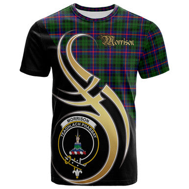 Scottish Morrison Modern Clan Crest Tartan T-Shirt Believe in Me Front Side Tartan Plaid