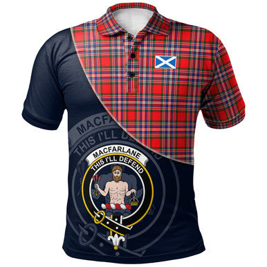 Scottish MacFarlane Modern Clan Crest Tartan Polo Shirt - Bend Style Front Side Tartan Plaid