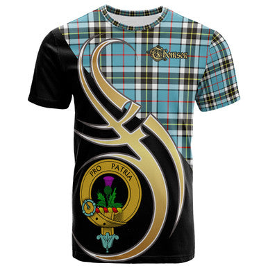 Scottish Thomson Clan Crest Tartan T-Shirt Believe in Me Front Side Tartan Plaid