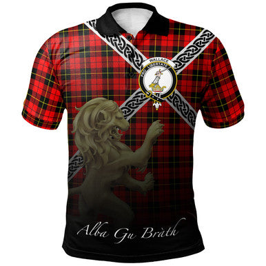 Scottish Wallace Hunting - Red Clan Crest Tartan Polo Shirt - Celtic with Scotland Lion Front Side Tartan Plaid