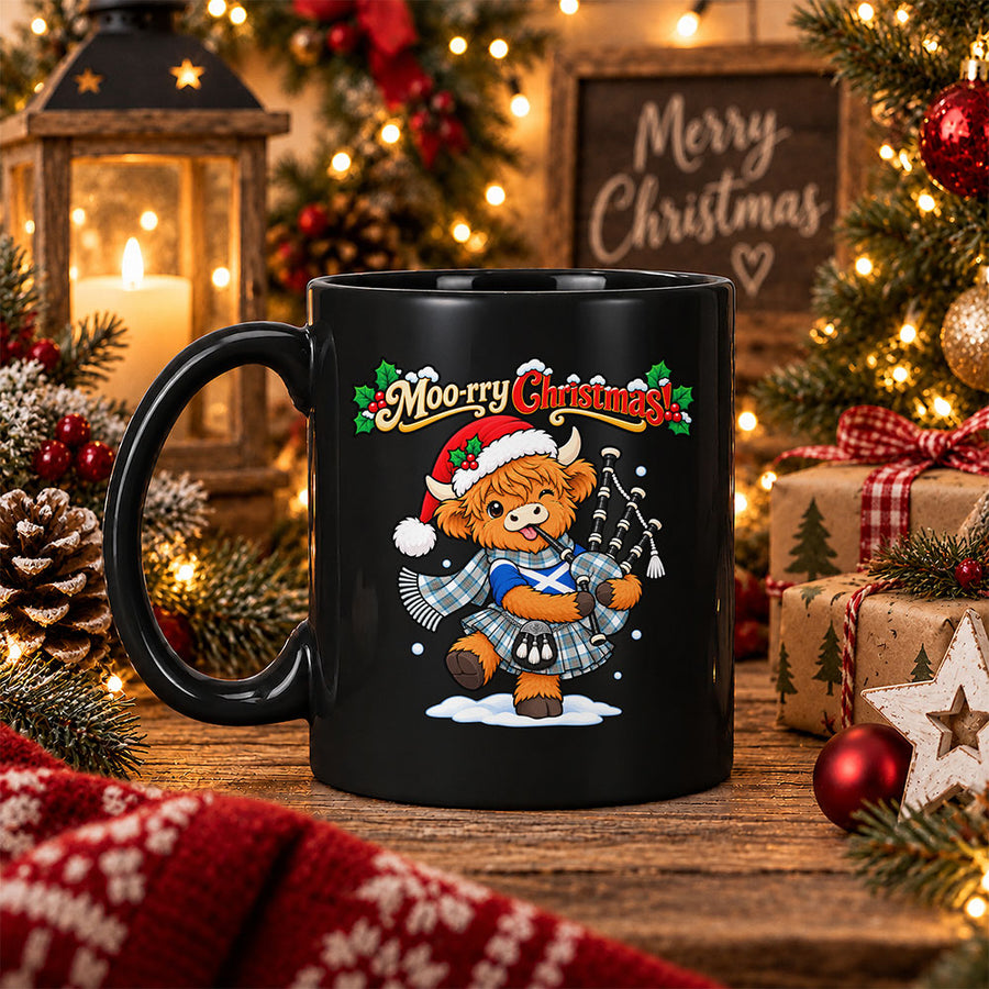Scottish Stewart Muted Blue Tartan Mug Moo-rry Christmas Highland Cow Bagpiper