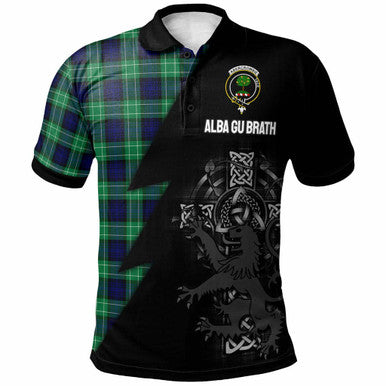 Scottish Abercrombie Clan Crest Tartan Polo Shirt - Lion Rampant Celtic Cross Flash Style Front Side Tartan Plaid