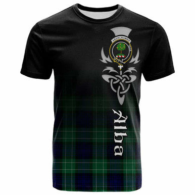 Scottish Abercrombie Clan Crest Tartan T-Shirt - Alba Gu Brath Family Crest Celtic Inspired Front Side Tartan Plaid
