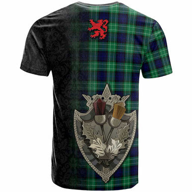 Scottish Abercrombie Clan Crest Tartan T-Shirt - Half Thistle Flowers Celtic Design Back Side Tartan Plaid