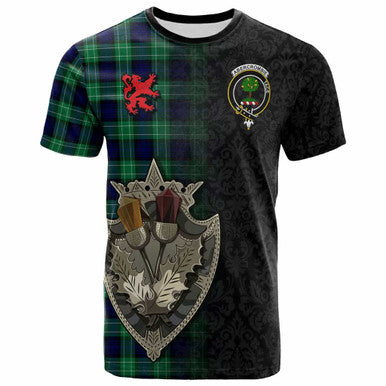 Scottish Abercrombie Clan Crest Tartan T-Shirt - Half Thistle Flowers Celtic Design Front Side Tartan Plaid