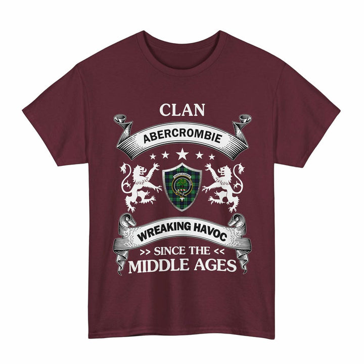 Scottish Abercrombie Clan Crest Tartan T-Shirt Wreaking Havoc Design Tartan Plaid Maroon Color