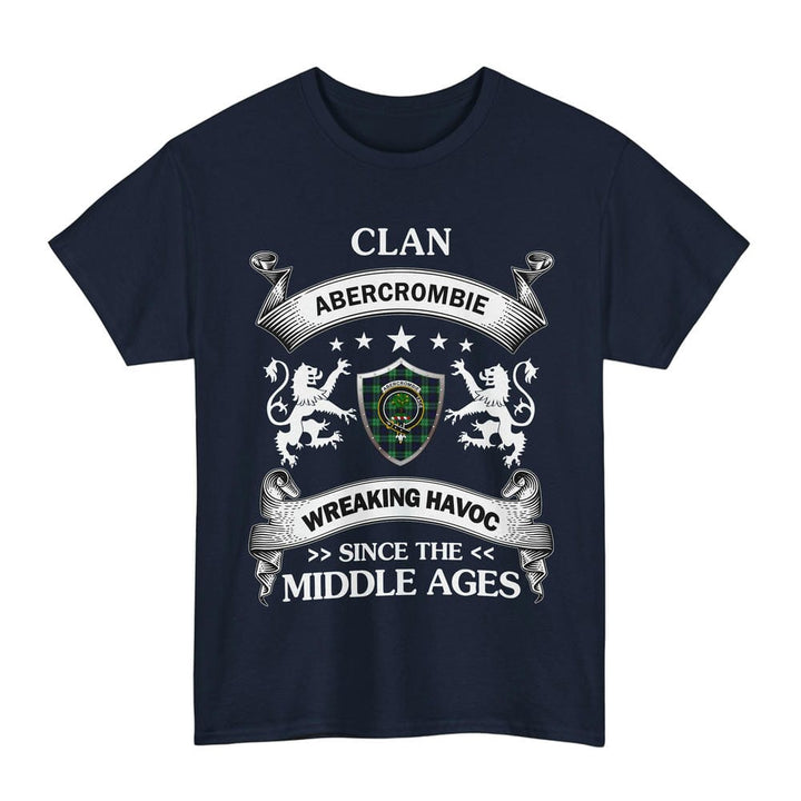 Scottish Abercrombie Clan Crest Tartan T-Shirt Wreaking Havoc Design Tartan Plaid Navy Color