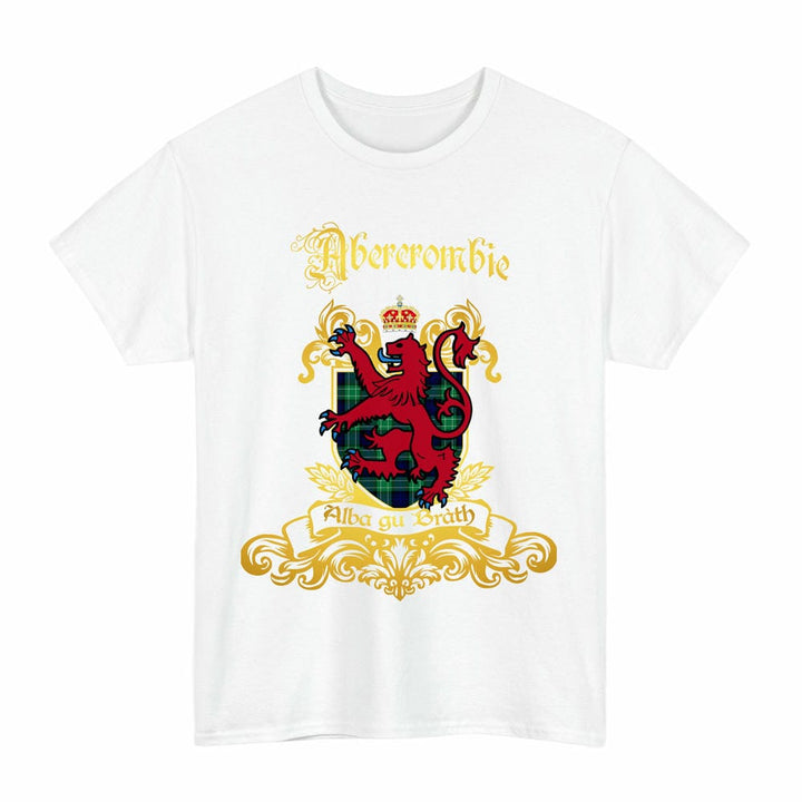 Scottish Abercrombie Clan Tartan Lion Rampant of Scotland T-Shirt Tartan Plaid White Color