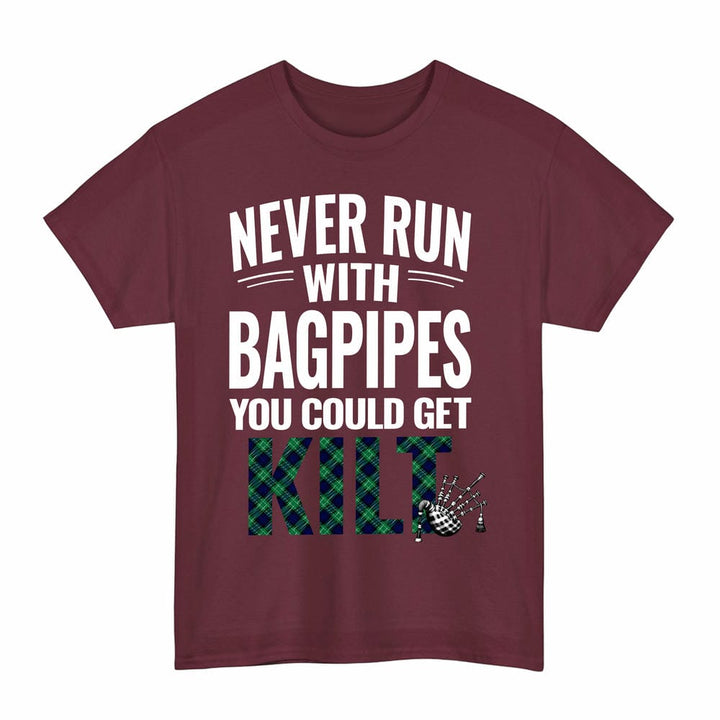 Scottish Abercrombie Clan Tartan Never Run With Bagpipes T-Shirt Tartan Plaid Maroon Color