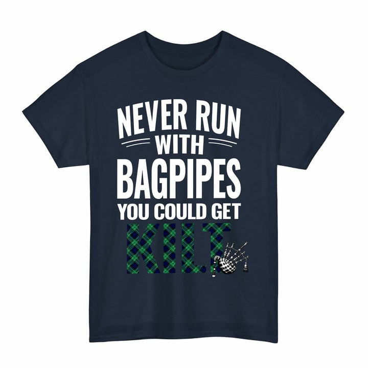 Scottish Abercrombie Clan Tartan Never Run With Bagpipes T-Shirt Tartan Plaid Navy Color