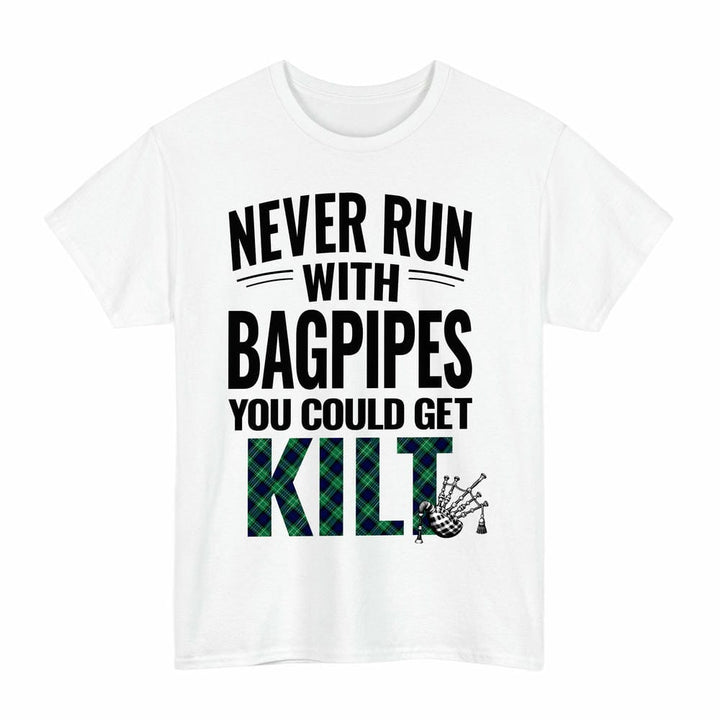 Scottish Abercrombie Clan Tartan Never Run With Bagpipes T-Shirt Tartan Plaid White Color
