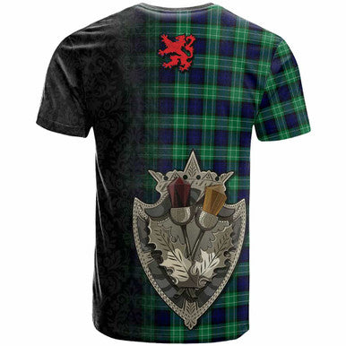 Scottish Abercrombie Clan Tartan T-Shirt - Half Thistle Flowers Celtic Design Back Side Tartan Plaid
