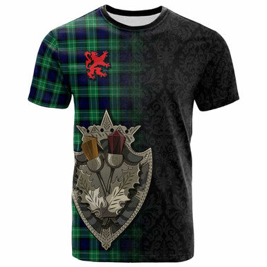 Scottish Abercrombie Clan Tartan T-Shirt - Half Thistle Flowers Celtic Design Front Side Tartan Plaid