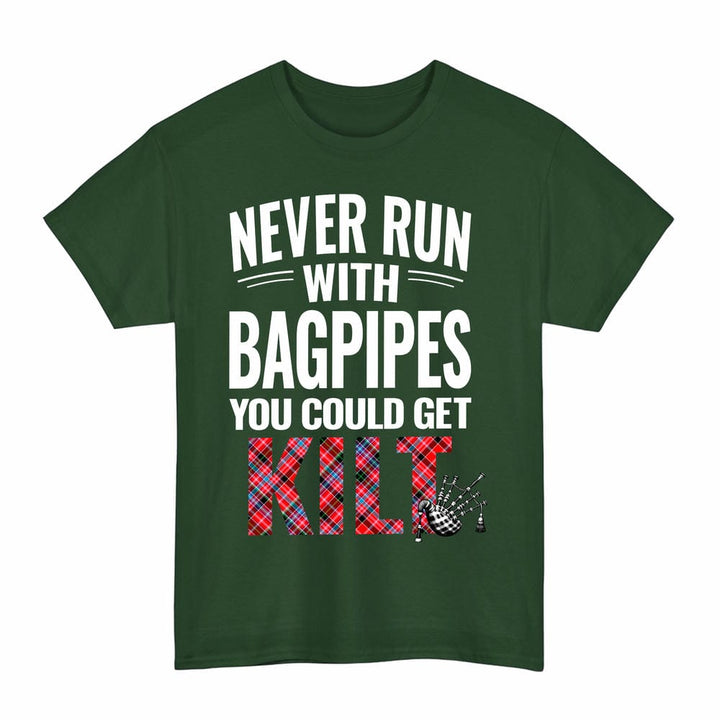 Scottish Aberdeen District Clan Tartan Never Run With Bagpipes T-Shirt Tartan Plaid Forest Green Color