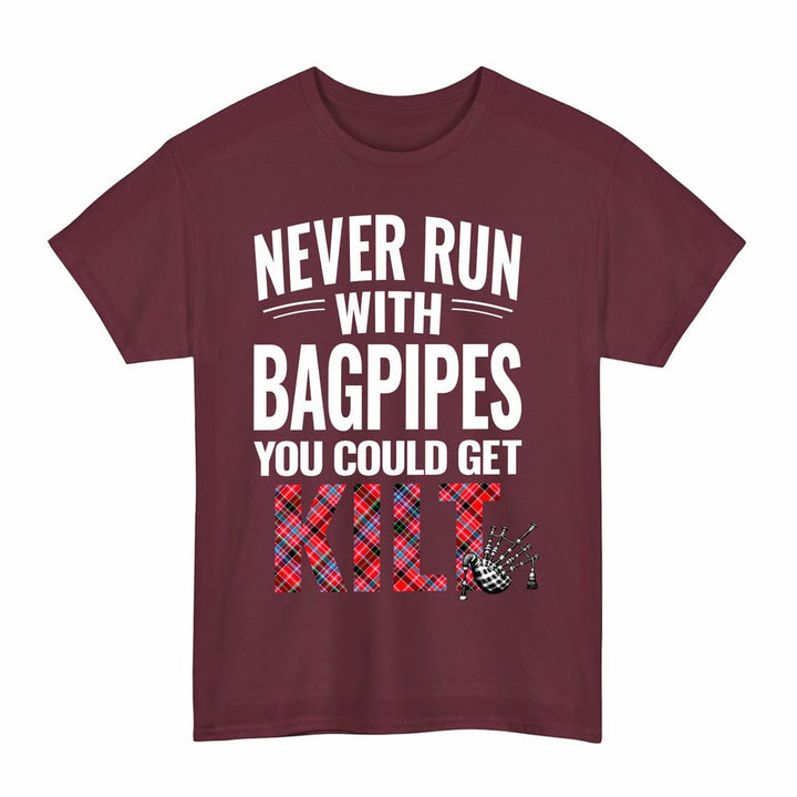 Scottish Aberdeen District Clan Tartan Never Run With Bagpipes T-Shirt Tartan Plaid Maroon Color