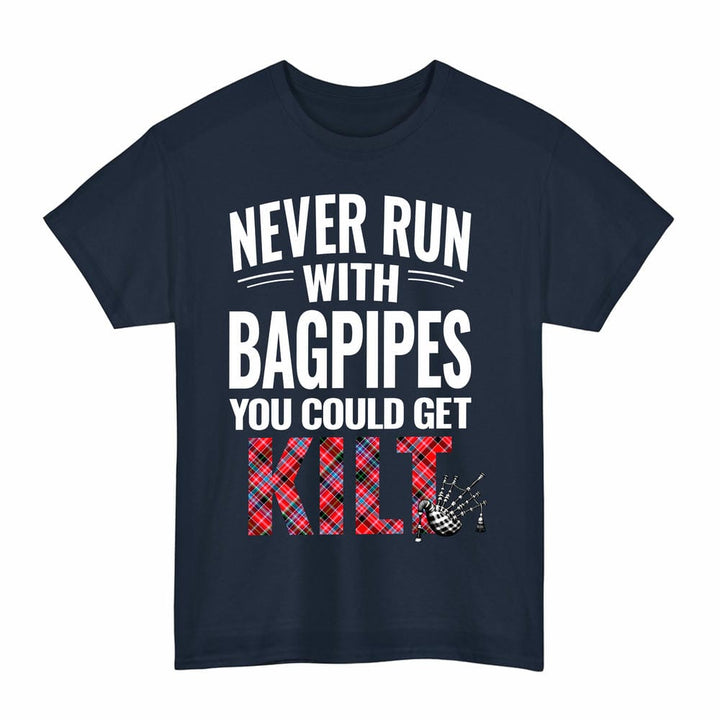 Scottish Aberdeen District Clan Tartan Never Run With Bagpipes T-Shirt Tartan Plaid Navy Color