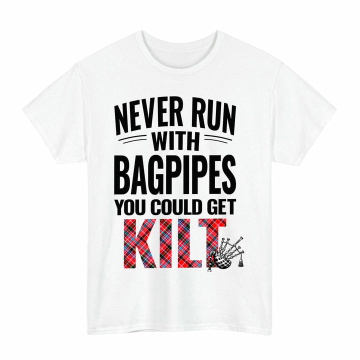 Scottish Aberdeen District Clan Tartan Never Run With Bagpipes T-Shirt Tartan Plaid White Color