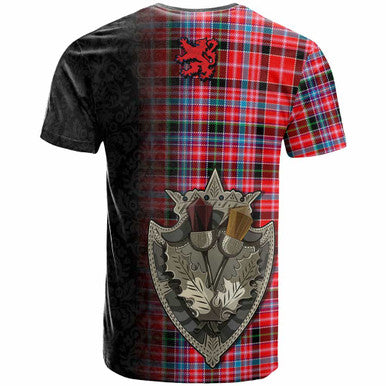 Scottish Aberdeen District Clan Tartan T-Shirt - Half Thistle Flowers Celtic Design Back Side Tartan Plaid