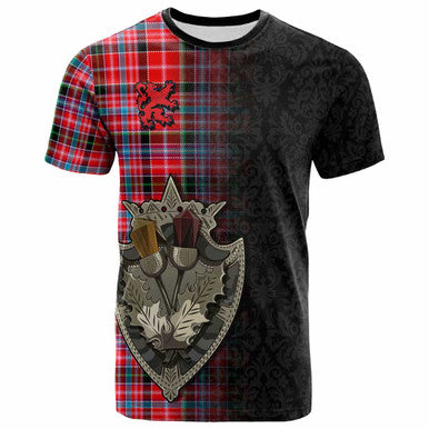 Scottish Aberdeen District Clan Tartan T-Shirt - Half Thistle Flowers Celtic Design Front Side Tartan Plaid