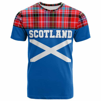 Scottish Aberdeen District Clan Tartan T-Shirt - Lion Rampant of Scotland With Flag Front Side Tartan Plaid