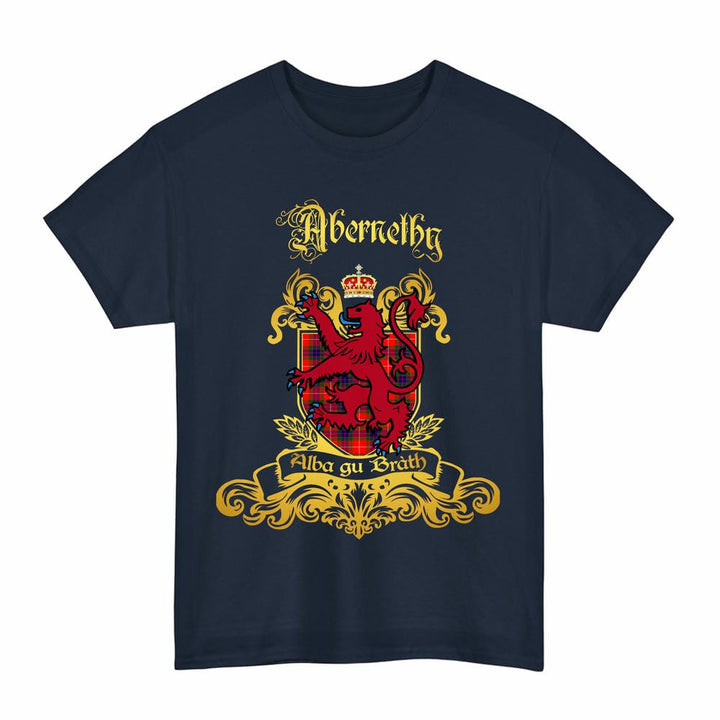 Scottish Abernethy Clan Tartan Lion Rampant of Scotland T-Shirt Tartan Plaid Navy Color