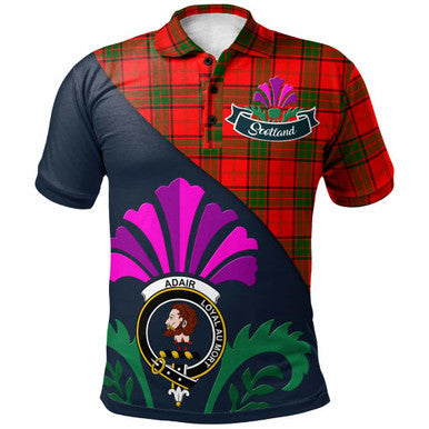 Scottish Adair Clan Crest Tartan Polo Shirt - Scotland Thistle Style Front Side Tartan Plaid
