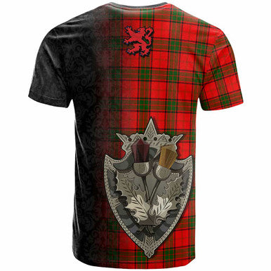 Scottish Adair Clan Crest Tartan T-Shirt - Half Thistle Flowers Celtic Design Back Side Tartan Plaid