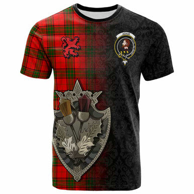 Scottish Adair Clan Crest Tartan T-Shirt - Half Thistle Flowers Celtic Design Front Side Tartan Plaid