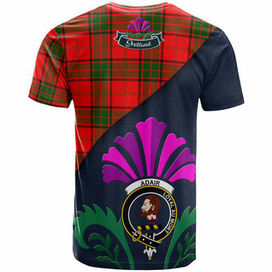 Scottish Adair Clan Crest Tartan T-Shirt - Scotland Thistle Style Back Side Tartan Plaid