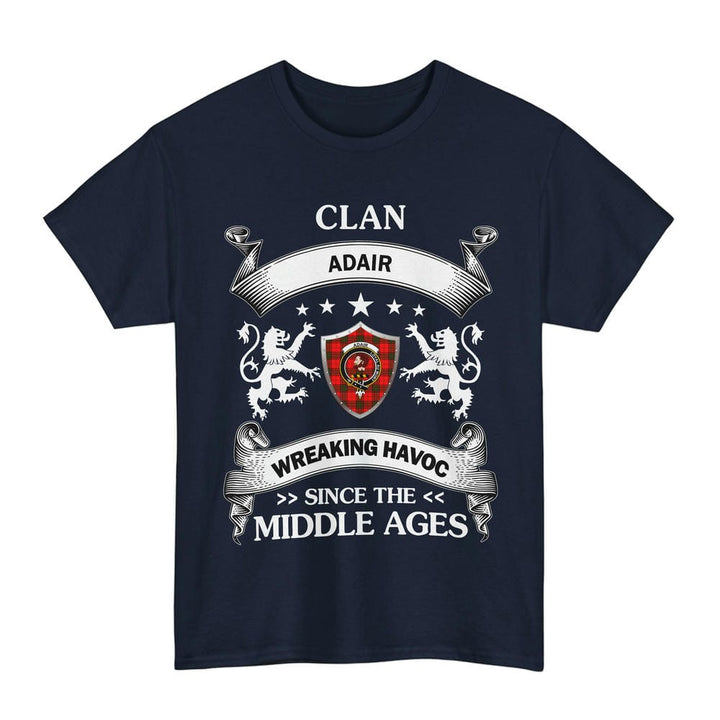 Scottish Adair Clan Crest Tartan T-Shirt Wreaking Havoc Design Tartan Plaid Navy Color