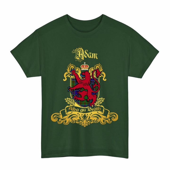 Scottish Adam Clan Tartan Lion Rampant of Scotland T-Shirt Tartan Plaid Forest Green Color