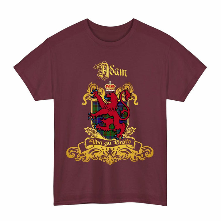 Scottish Adam Clan Tartan Lion Rampant of Scotland T-Shirt Tartan Plaid Maroon Color