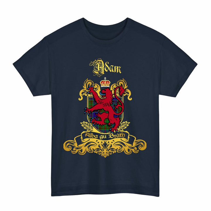 Scottish Adam Clan Tartan Lion Rampant of Scotland T-Shirt Tartan Plaid Navy Color