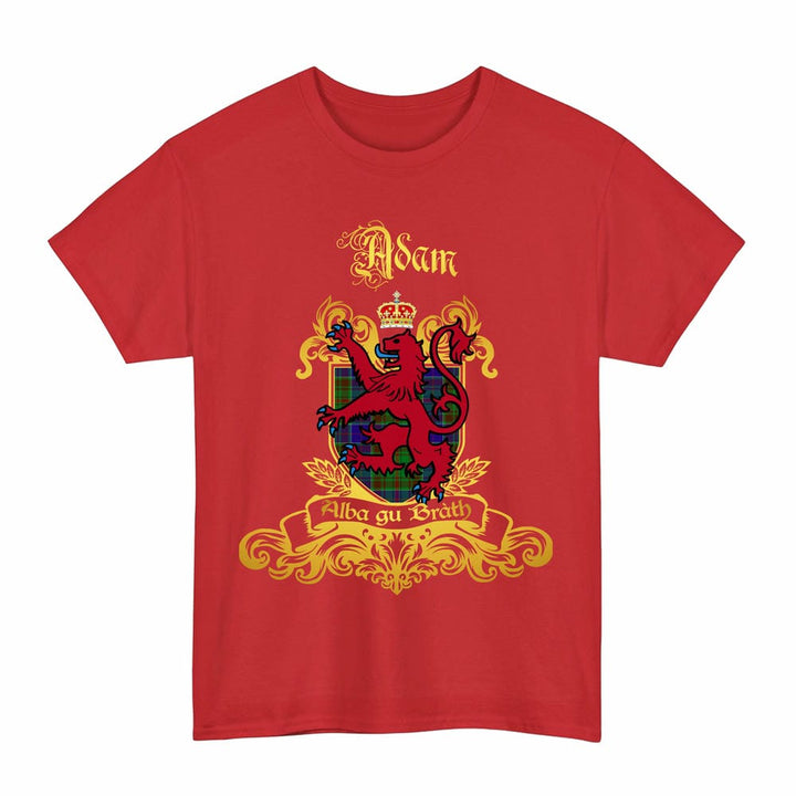 Scottish Adam Clan Tartan Lion Rampant of Scotland T-Shirt Tartan Plaid Red Color