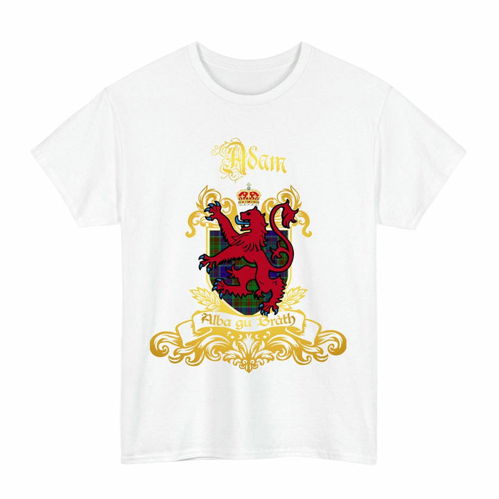 Scottish Adam Clan Tartan Lion Rampant of Scotland T-Shirt Tartan Plaid White Color