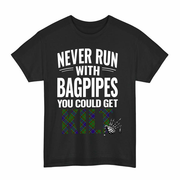 Scottish Adam Clan Tartan Never Run With Bagpipes T-Shirt Tartan Plaid Black Color