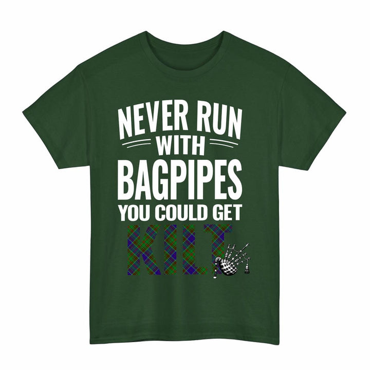 Scottish Adam Clan Tartan Never Run With Bagpipes T-Shirt Tartan Plaid Forest Green Color