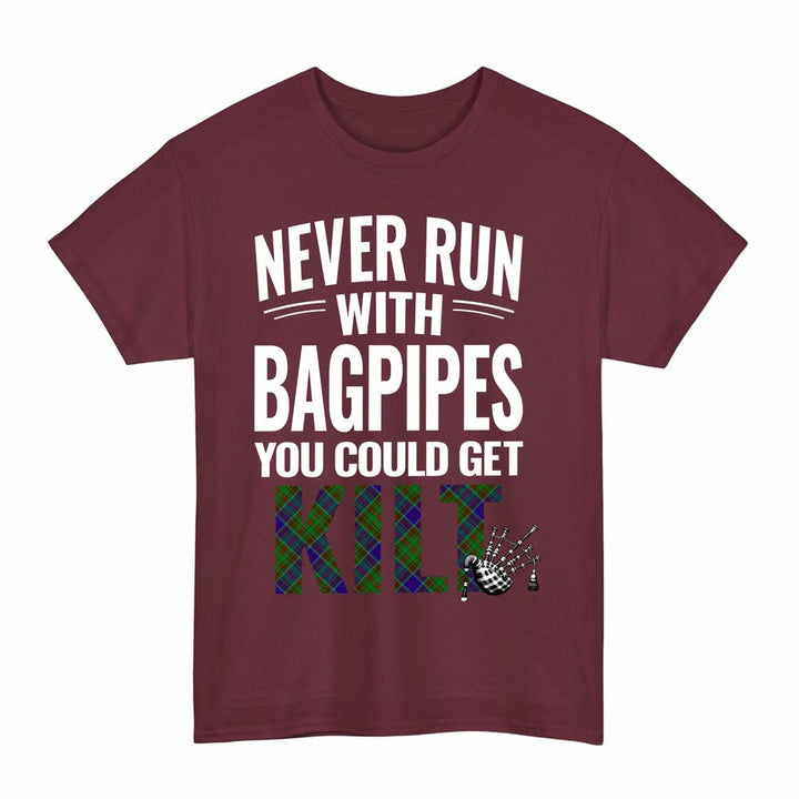 Scottish Adam Clan Tartan Never Run With Bagpipes T-Shirt Tartan Plaid Maroon Color