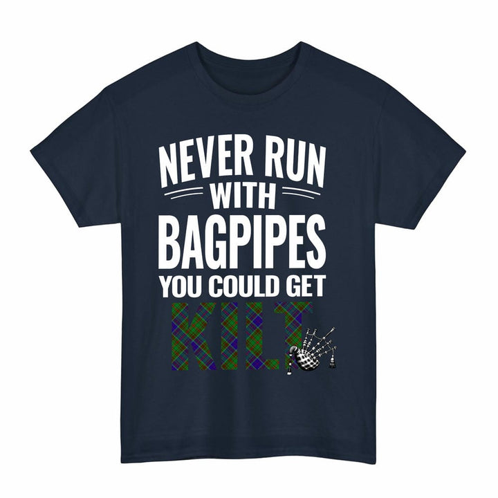 Scottish Adam Clan Tartan Never Run With Bagpipes T-Shirt Tartan Plaid Navy Color