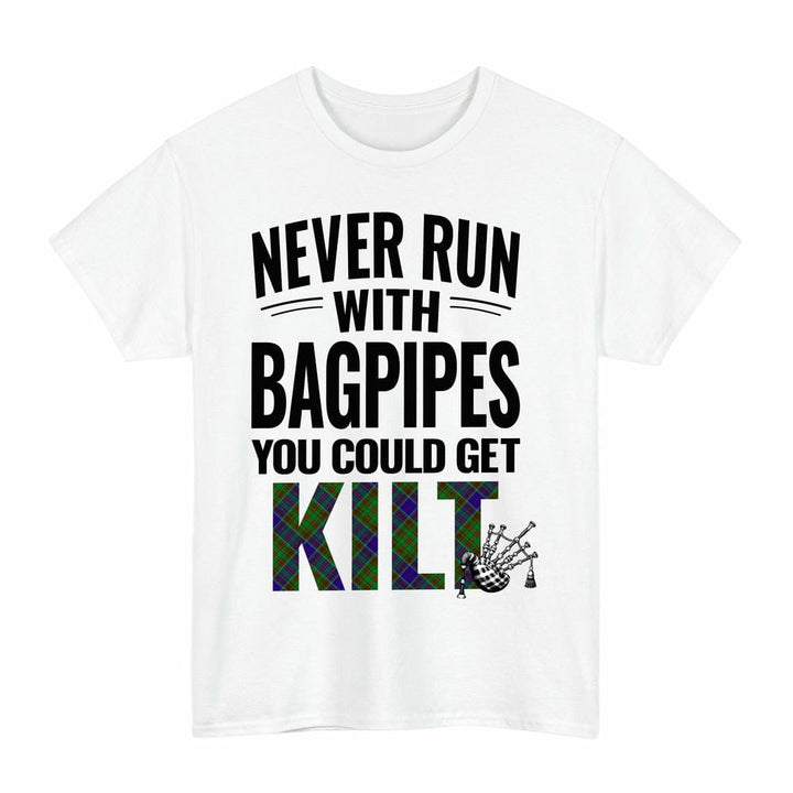 Scottish Adam Clan Tartan Never Run With Bagpipes T-Shirt Tartan Plaid White Color